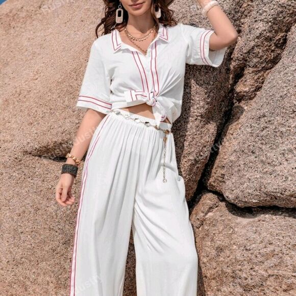 White and Red Striped Women's 2 Piece Set L - Picture 3 of 6